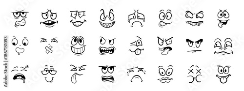 Happy, sad and angry characters emotions. Vector set. Emotional comic face with eyes, mouths, tongue and teeth. Cartoon doodle face expression.