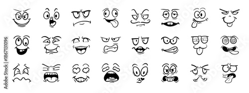 Vector set collections. Cartoon doodle face expression. Emotional comic face with eyes, mouths, tongue and teeth. Happy, sad and angry characters emotions.