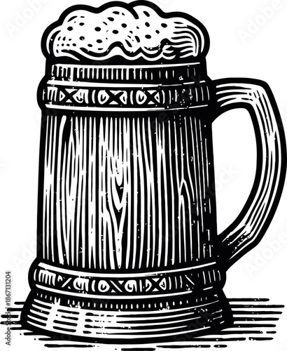 Vintage Wooden Beer Mug With Frothy Head And Handle Detailed Engraving Style On White Background