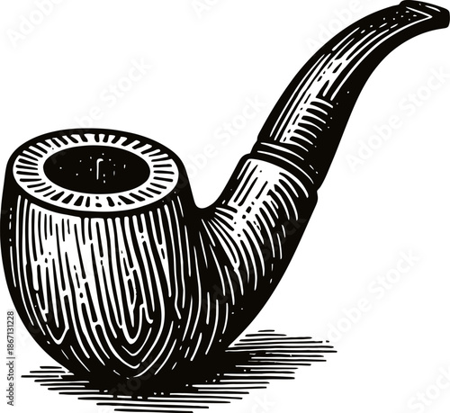 Vintage Wooden Smoking Pipe Engraved Wood Grain Detail Isolated White Background Classic Illustration