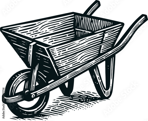 Vintage Wooden Wheelbarrow Illustration With One Wheel And Handlebars On White Background