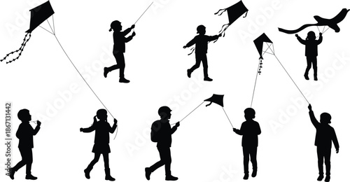 Children flying kites silhouettes, outdoor play, childhood fun, leisure activity, windy day, sky, recreation, freedom, happy kids, park scene – flat vector illustration