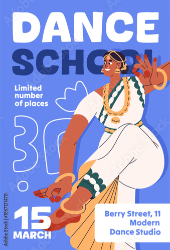 Event poster design of master class of traditional Indian dance. Advertising template of dancers school, studio. Layout with woman in national clothes performs with music. Flat vector illustration