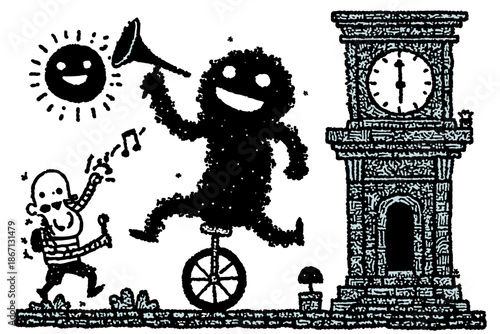 Whimsical Clock Riding a Unicycle with Flowers