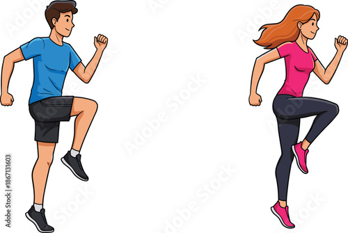 Children high knees exercise, kids cardio workout, playful fitness activity, healthy lifestyle, child sport training, body movement, endurance training, fun exercise, education