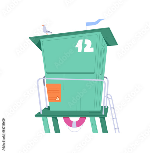 Lifeguard tower for watching, observation for beach and sea. Life guard station for monitoring, rescue people on water and first aid in emergency. Flat isolated vector illustration on white background