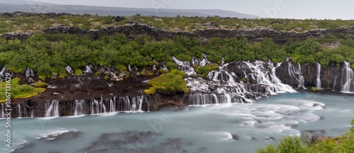 Obraz na plátne panoramic view of the picturesque Hraunfossar cascades in western Iceland