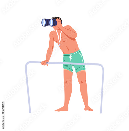 Lifeguard looking through binoculars to rescue in emergency. Beach rescuer is watching for swimming people in sea. Observation for security on water. Flat isolated vector illustration on white