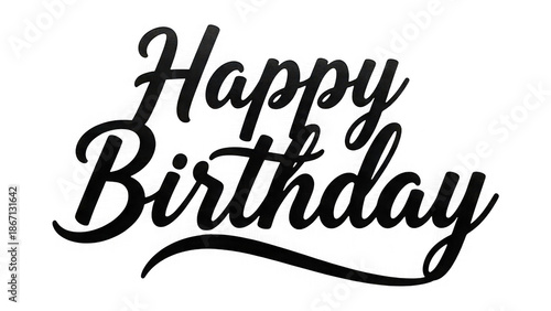 Black happy birthday text in a decorative calligraphy font on transparent background