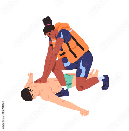 Lifeguard rescues drowning person, does cpr, heart massage on beach. Rescuer saves people lives on water. Emergency first aid, resuscitation. Flat isolated vector illustration on white background