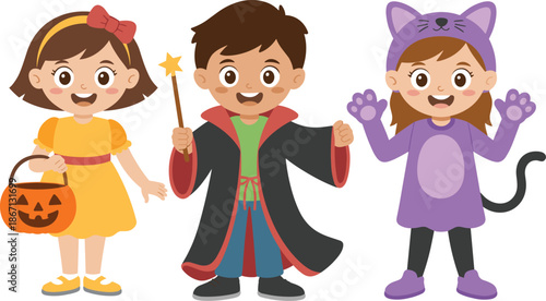 Children in Halloween costumes, wizard with wand, girl in yellow dress, purple cat outfit, trick or treat, festive spooky night, autumn celebration