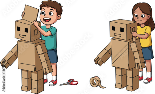 Children making cardboard robot costumes, creative kids activity, DIY craft project, playful imagination, boy and girl crafting robots, fun learning, handmade play
