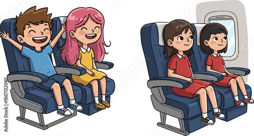 Children on airplane seats, kids traveling together, happy flight moments, excited boy, calm girls, family vacation, travel lifestyle, childhood journey, airplane interior, passenger kids