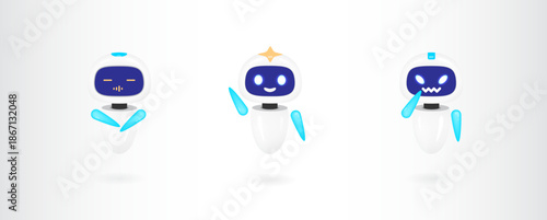 Cute artificial intelligence robot vector character set with different emotions. Friendly virtual assistant chatbot mascot for customer support technology and smart automation web services.