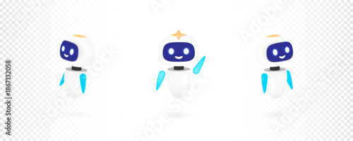 Cute 3D robot character set waving hand vector illustration. Friendly white AI chatbot mascot for technology, customer support, and artificial intelligence innovation concepts isolated on white.