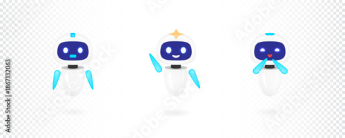 Cute 3d robot mascot vector set for chatbot and artificial intelligence support. Friendly generic brand character waving and smiling isolated. Future technology assistant collection.