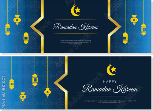Ramadan Kareem greeting cards with hanging lanterns and crescent moon