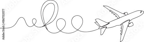 Continuous one-line passenger airplane illustration with flight path. Editable black stroke vector artwork.eps