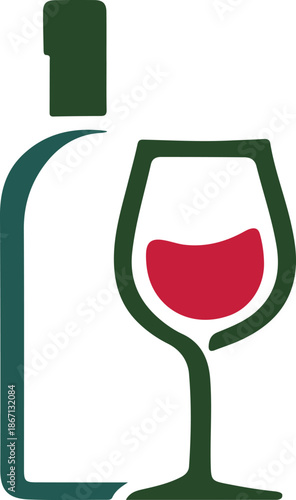 Minimalist outline icon of a wine bottle and a glass filled with red wine against a white background