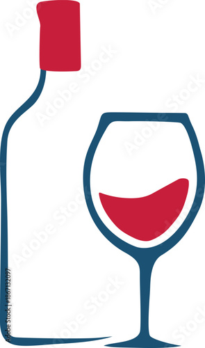 A minimalist blue outline illustration of a wine bottle and a glass filled with red wine