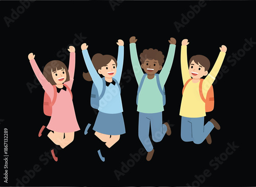 Excited Students Jumping with Backpacks on Black Background.