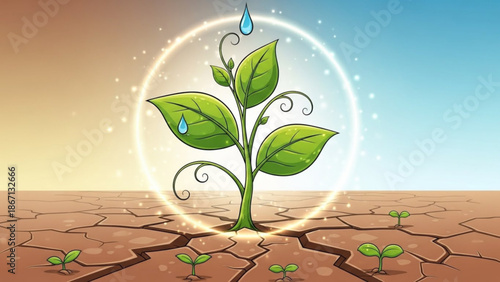 A green plant sprout with leaves and water drops grows in dry cracked earth with a glowing circle around it symbolizing hope with resilience
