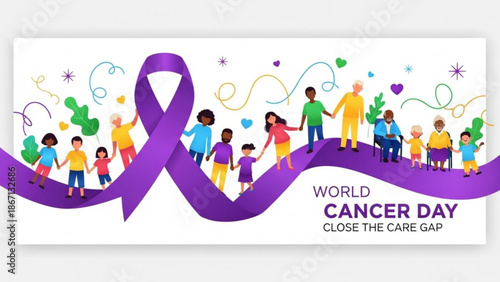 World cancer day awareness poster with diverse people holding hands on purple ribbon with cancer awareness and close the care gap with health