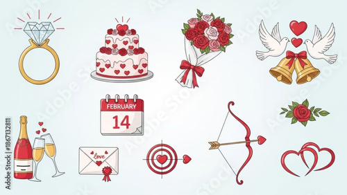 Valentine's day icons including ring cake flowers champagne and love symbols on white background with Valentine s Day and hearts with bouquet