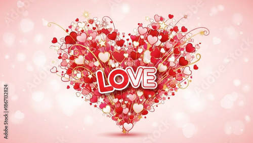 A heart shaped collage of red and white hearts with the word love in the center on a pink background for valentines day or love themed with icon