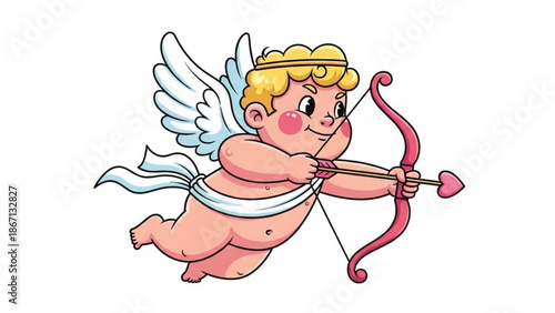 A chubby cherub with blonde hair and white wings holds a pink bow and arrow while flying through the air with a joyful expression with cupid