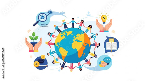 A diverse group of people standing around the globe with icons representing health awareness education finance and environmental with diversity