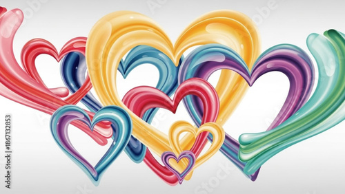A vibrant colorful heart illustration with multiple hearts intertwined in red blue purple yellow and green hues on a white background with love