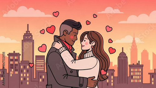 Loving couple embracing in front of a romantic city skyline with hearts floating around at sunset with love and hugging and cartoon with romance