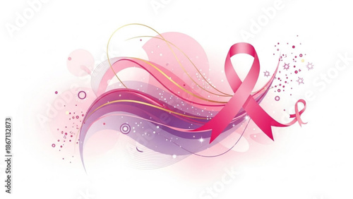 A vibrant pink breast cancer awareness ribbon floats amidst swirling purple and pink brushstrokes with gold accents on a white with pink ribbon