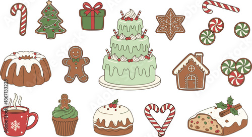 Christmas dessert collection, festive treats, holiday sweets, gingerbread cookies, candy canes, cakes, vector illustration, celebration food, seasonal design
