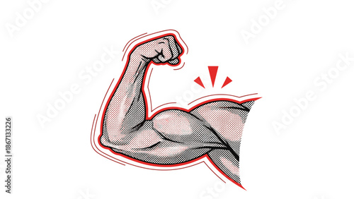 Strong muscular human arm showing bicep in a comic book style with a halftone pattern for fitness and powerful inspiration.