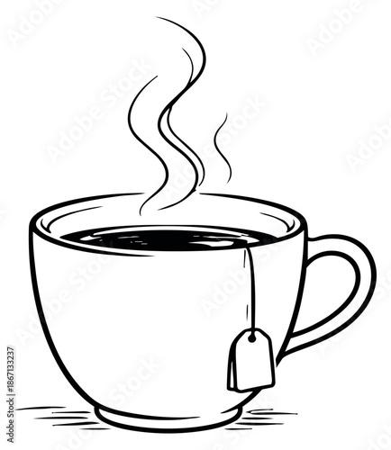 Hand drawn line art illustration of a teacup with a tea bag depicting steaming hot tea for a cafe menu design