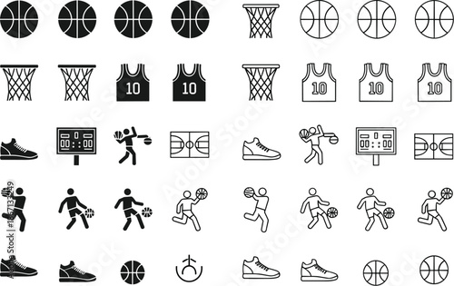 Basketball icon set, sports vector collection, hoop ball player jersey shoe scoreboard symbols, modern outline and filled design
