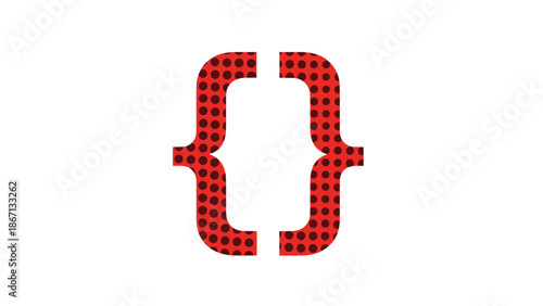 Pair of bold red curly brackets featuring a polka dot pattern isolated on a white background for unique graphic design accents.
