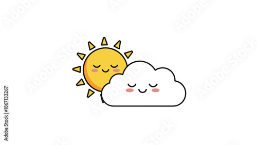 Adorable cartoon sun and cloud characters with happy faces and rosy cheeks for educational materials and children books.