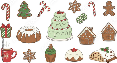Christmas treats collection, festive desserts, holiday sweets, gingerbread cookies, candy canes, cakes, vector illustration, celebration food, seasonal design