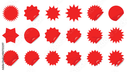 Variety of red starburst stickers and round labels with realistic peeled edges for promotional offers and retail discount tags.