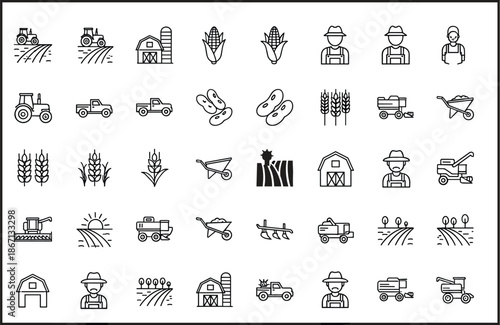 Blue agriculture line icons set featuring farming equipment tractors crops farmers barns fields rural harvest symbols collection vector outline design