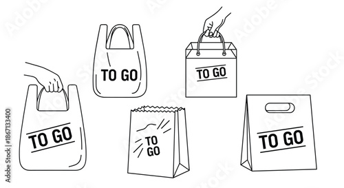 Collection of different paper and plastic shopping bags with to go text for takeout food, delivery, or retail packaging needs.