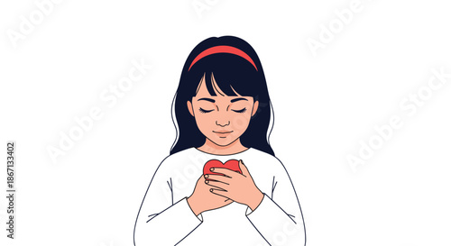 Young girl with long dark hair and red headband holding small red heart to her chest with closed eyes against white background.