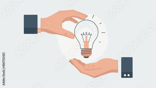 Conceptual illustration of business hands transferring a bright light bulb idea, symbolizing innovation sharing, teamwork, and finding the perfect solution.