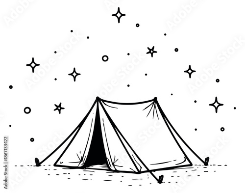 Hand drawn line art illustration of a camping tent depicting a starry night sky for outdoor adventure