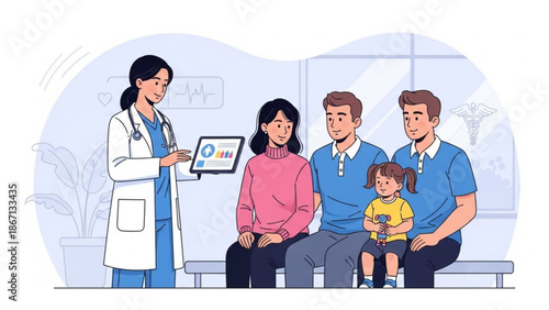 Doctor consulting a family in a clinic waiting room discussing medical results on a tablet healthcare concept illustration