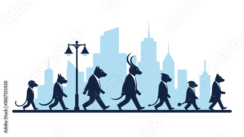 A striking silhouette illustration of anthropomorphic animals in business suits walking together against a minimalist city skyline, symbolizing the corporate jungle and the daily commute.