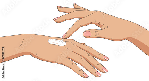 Female hands applying moisturizing cream or lotion to the skin, representing beauty, skincare, health, and personal body care.